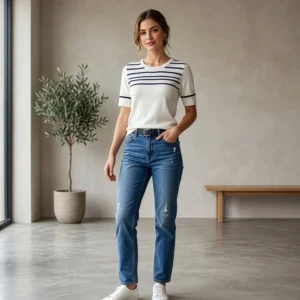 polera-rayada-mujer-look-completo-jeans-yordall Polera rayada mujer boucle con rayas marineras, look completo con jeans — Yordall Chile